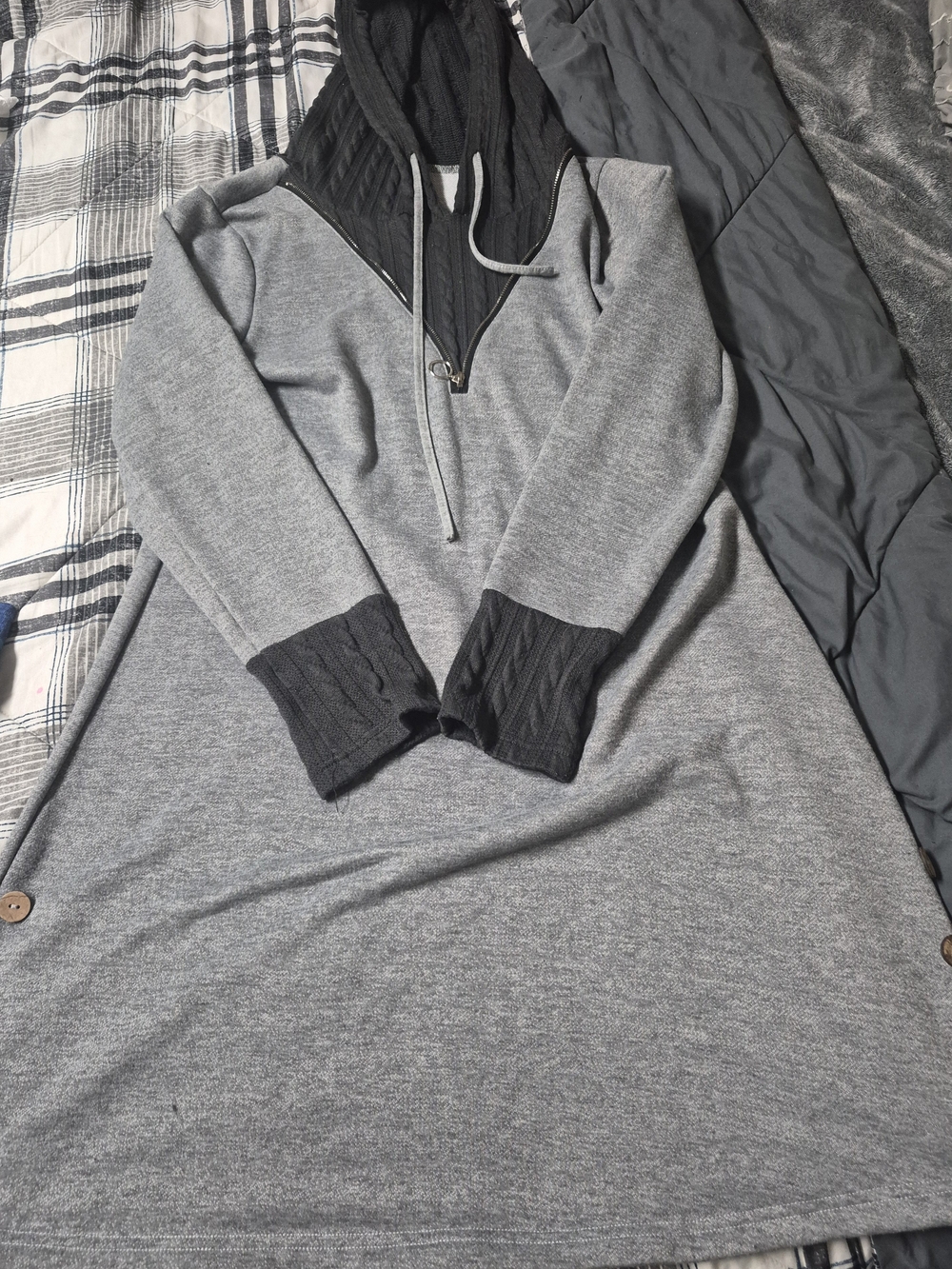 Womans Gray Hooded Pullover Sweater with Black Accents